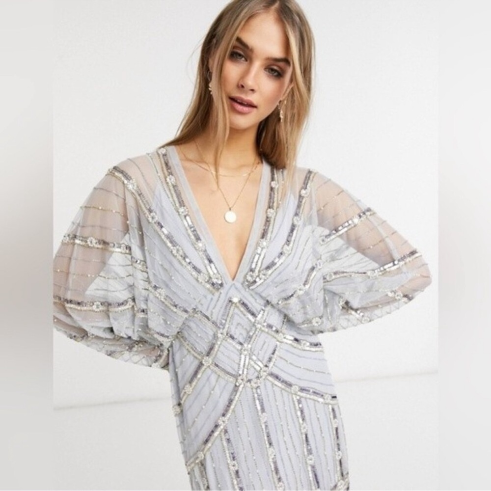 ASOS DESIGN Batwing   Embellished Mini Dress in Dusty Blue 6 NWOT